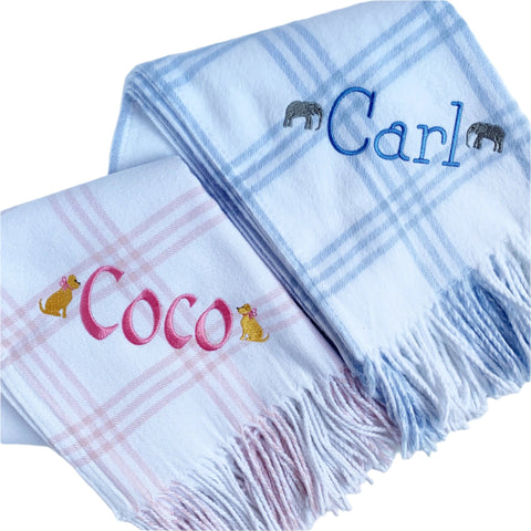 Windowpane Flannel Receiving Blanket with Fringe (Two colors)