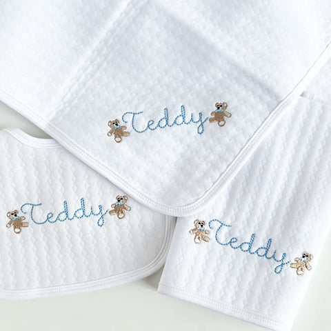 Cotton Knit Bib, Burp, & Blanket Set