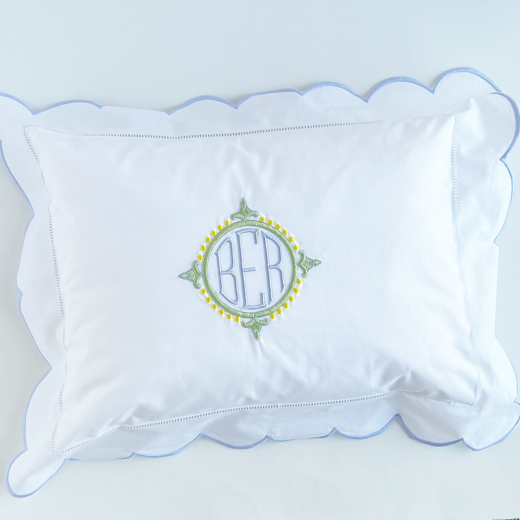 Boudoir Pillow with Embroidered Scalloped Flange. 2 colors