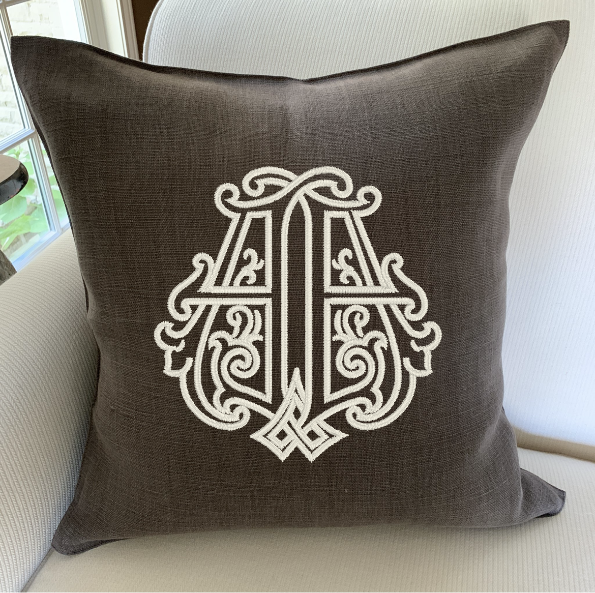 Navy Linen Pillow Cover by Libeco Linen. Includes 8-9 monogram